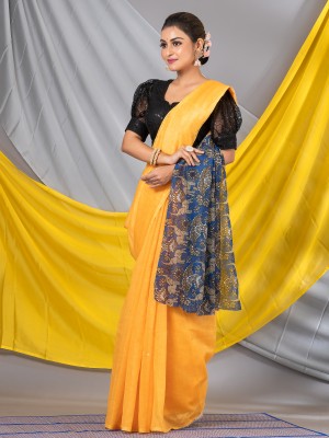 Namaha Printed Handloom Cotton Blend Saree(Yellow)