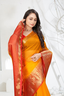 Aarunika LGF Solid/Plain, Striped Bollywood Organza Saree(Yellow)