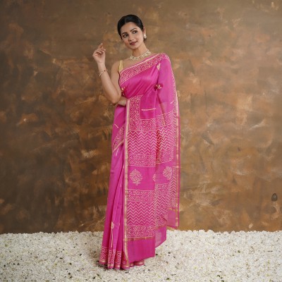 Teejh Printed Chanderi Silk Blend Saree(Pink)