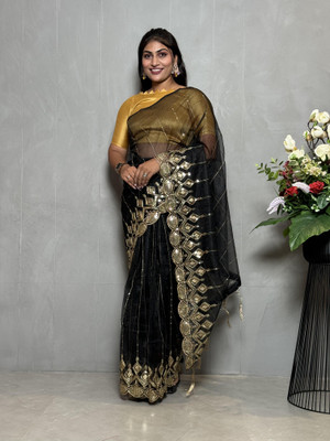 TIRTH CREATION Embroidered Bollywood Supernet Saree(Black)