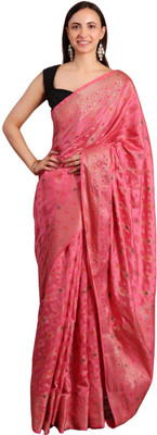 EZIESHREE Floral Print Banarasi Pure Silk Saree(Green)