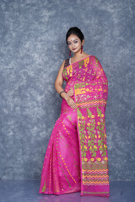 tantial Printed Jamdani Cotton Silk Saree(Pink)