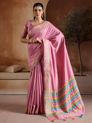 Divastri Solid/Plain, Striped Mangalagiri Silk Blend Saree(Pink)