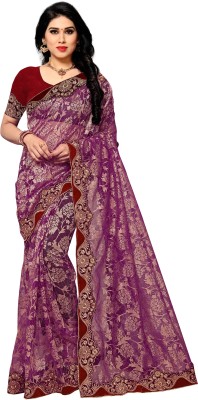 Aruna Sarees Self Design, Embroidered Bollywood Net Saree(Purple)