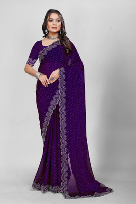 zoentik enterprise Solid/Plain, Embellished, Applique Kalamkari Georgette Saree(Purple)
