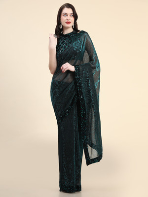 PRISHA SAREES Embellished Bollywood Lycra Blend Saree(Green)
