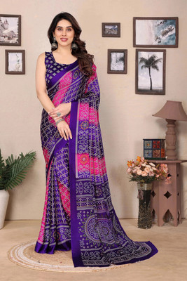 KANGLI Printed Bandhani Georgette Saree(Purple, Pink)