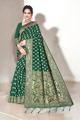 Pikham Self Design Banarasi Art Silk Saree(Dark Green)