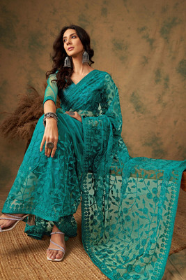 Sangria Embroidered Kalamkari Net Saree(Blue)