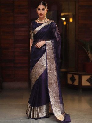 PHEASANT Woven Bollywood Organza Saree(Dark Blue)