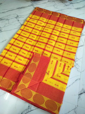 J KunduHouse Self Design Tant Pure Cotton Saree(Yellow)