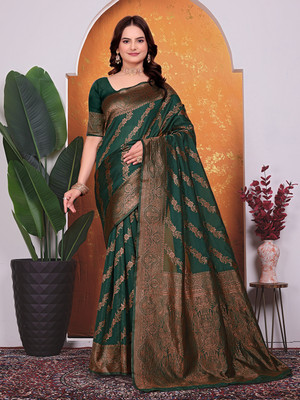 maayro Embellished Banarasi Silk Blend Saree(Dark Green)