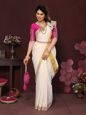 Gugaliya Solid/Plain Kasavu Pure Cotton Saree(Multicolor)