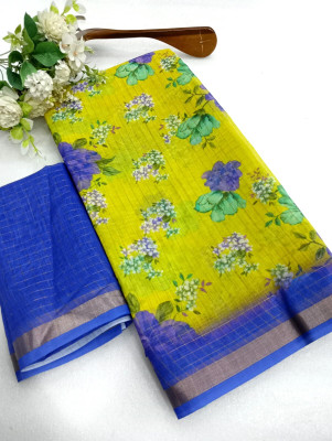 Saaransh Floral Print Kanjivaram Linen, Cotton Silk Saree(Green)