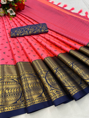 KanjiQueen Woven Kanjivaram Cotton Silk, Silk Blend Saree(Pink, Dark Blue)