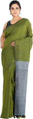 Bong ButiQ Solid/Plain Bollywood Handloom Cotton Blend Saree(Green)