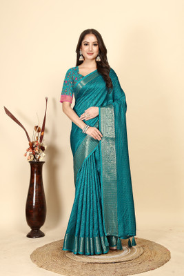 J6 Designers Self Design, Checkered, Printed Madhubani Cotton Silk Saree(Light Blue)