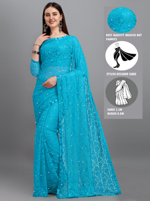 LOROFY Self Design Bollywood Net Saree(Light Blue)