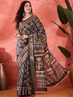 ShopGlobal Woven Ikkat Chiffon Saree(Dark Blue)