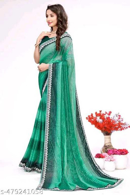 REENA Printed Saree with Attached Blouse Silk Blend Saree(Dark Green)