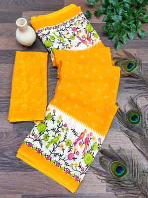 Anand Sarees Woven Saree with Attached Blouse Georgette Saree(Yellow, White)