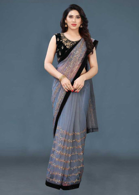 emzo Embroidered Daily Wear Net Saree(Grey)