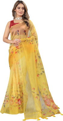 Aumki Digital Print Bollywood Organza Saree(Yellow)