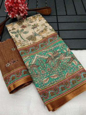 Saaransh Floral Print Kanjivaram Linen, Cotton Silk Saree(Multicolor)