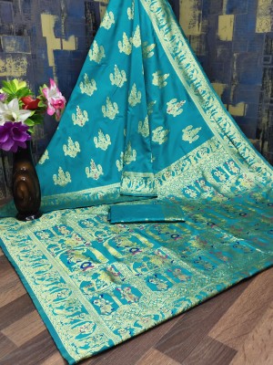 Ratnavali Woven Baluchari Silk Blend, Art Silk Saree(Green)