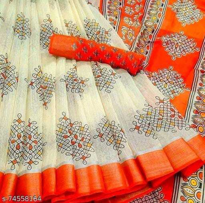 Grubstaker Printed Daily Wear Cotton Linen Saree(Multicolor)