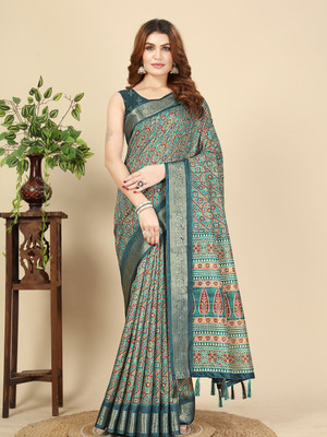 HouseOfCommon Geometric Print Chanderi Art Silk Saree(Light Blue)