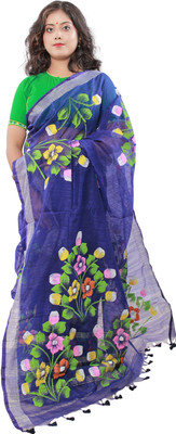 mataramoyee Self Design Handloom Cotton Blend Saree(Blue)