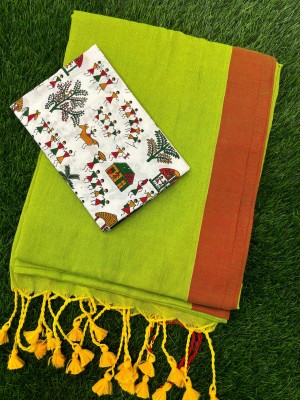 SMRITI BOUTIQUE Animal Print Bollywood Handloom Pure Cotton Saree(Light Green, Red, White)