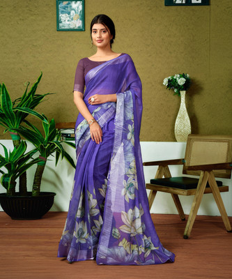 SIRIL Digital Print, Floral Print, Embellished Bollywood Linen Saree(Purple)