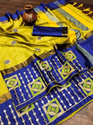 Divastri Embroidered, Self Design Bollywood Cotton Silk Saree(Yellow, Blue)