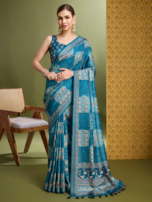 MANTROTSAV Digital Print Hand Batik Silk Blend Saree(Blue)