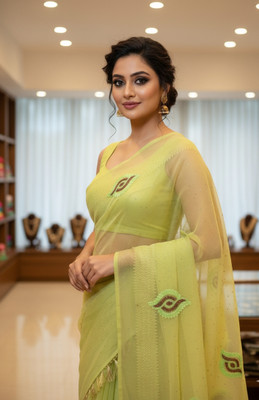 SansaarCloset Embroidered, Embellished Bollywood Net Saree(Light Green)