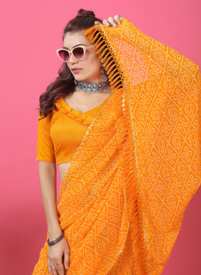 PRETTYAGE Printed, Solid/Plain Bandhani Georgette, Silk Blend Saree(Yellow)