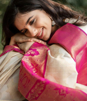 KAKADIYA Self Design Kanjivaram Pure Silk Saree(Cream)