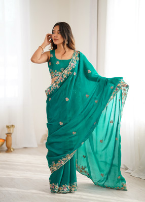 Sajavat Embroidered, Embellished, Solid/Plain Bollywood Satin Saree(Light Blue)