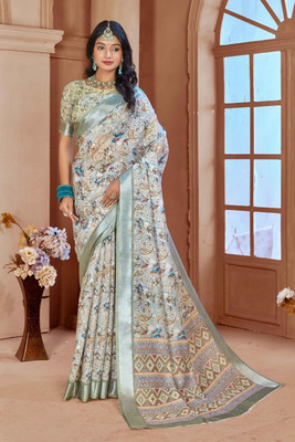Ethnic Trendz Digital Print Saree with Attached Blouse Cotton Linen Saree(Multicolor)