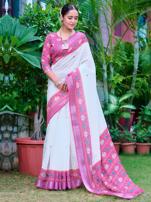Anouk Rustic Digital Print Hand Batik Cotton Linen Saree(White)