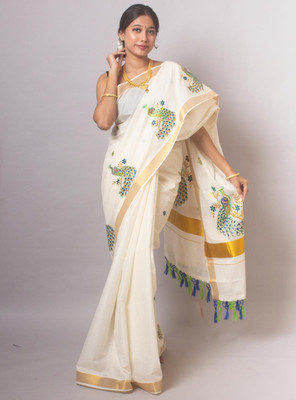 Varshika Tex Solid/Plain Kasavu Cotton Linen Saree(White)