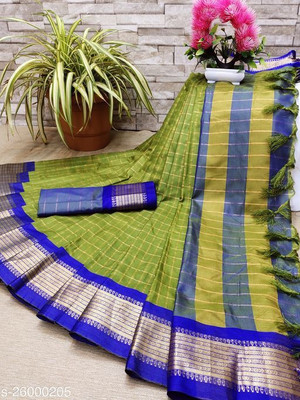 Vleez Checkered Bollywood Pure Cotton Saree(Light Green)