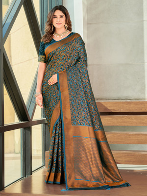 Sariya Woven Banarasi Satin, Jacquard Saree(Light Blue)