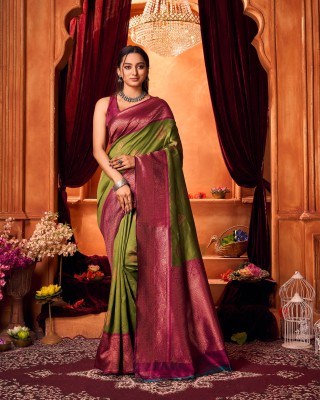 Divastri Woven Kanjivaram Pure Silk, Art Silk Saree(Green, Maroon)