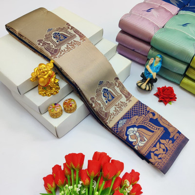 WILLMAKE Printed, Applique, Embellished, Floral Print, Woven Banarasi Jacquard, Art Silk Saree(Cream, Blue)