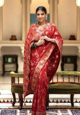 parthfabric Woven, Printed Banarasi Art Silk, Jacquard Saree(Red)