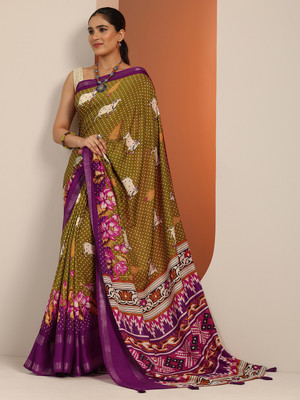 LIBAS Printed Daily Wear Georgette Saree(Green, Purple)
