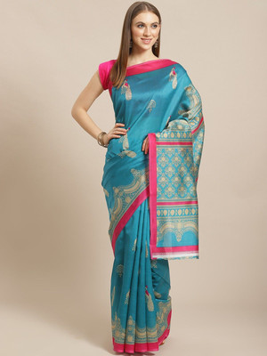 Grubstaker Printed Bollywood Silk Blend Saree(Light Blue)
